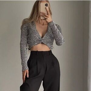 Zara Silver Sequin Knotted Long Sleeve Crop Top size XS